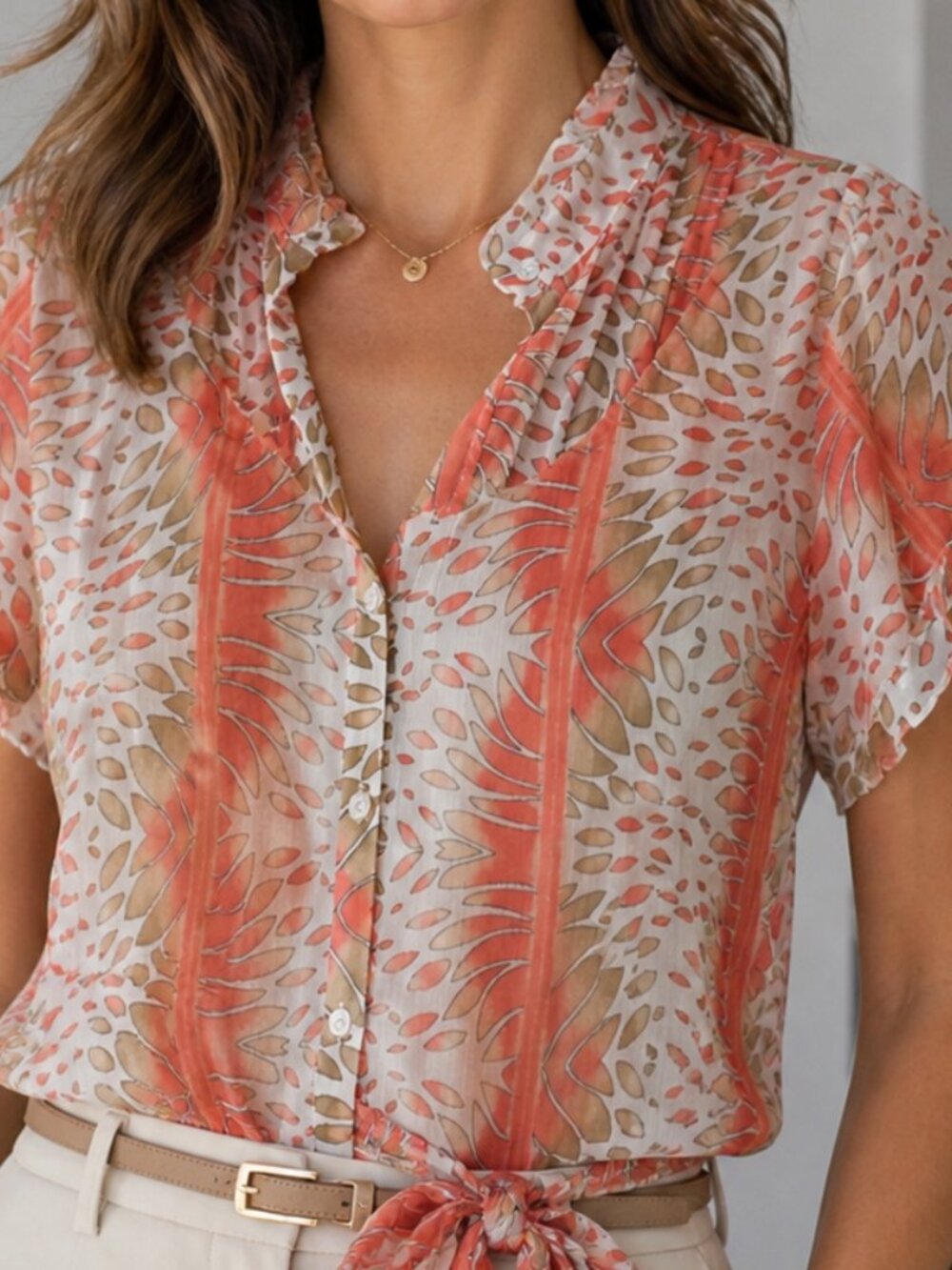 Worthington Women's Caped Sleeve Top Button Up w/Cami Belt Size 10 White Coral